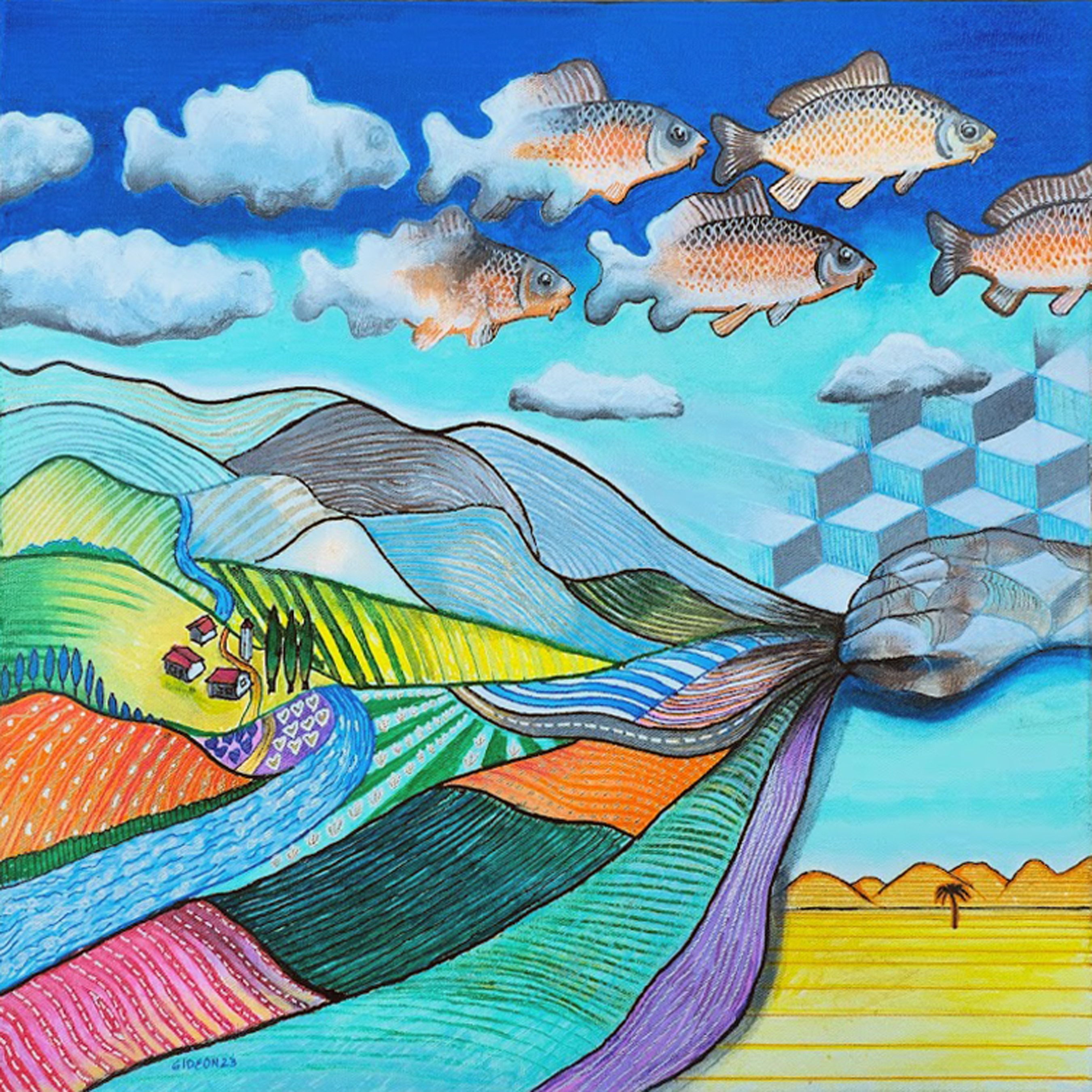 Childhood Dreams (Desert Scene) — Acrylic Pens on Canvas, 18x18 by Gideon Artist